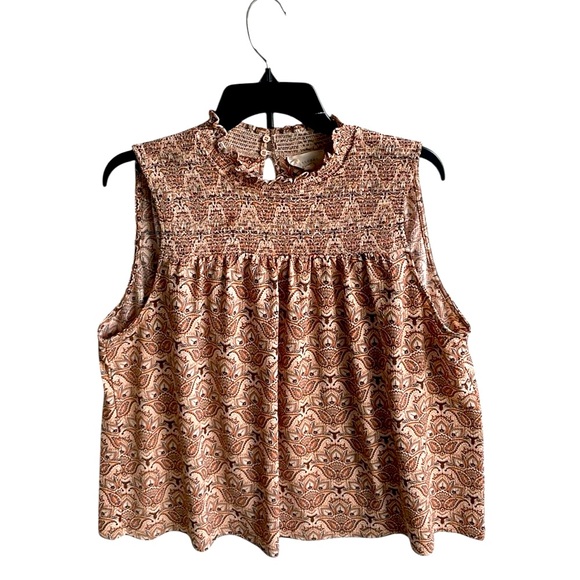 MELLODAY WOMENS SMOCKED PAISLEY SLEEVELESS TOP KEYHOLE BACK SIZE XL - Picture 1 of 6